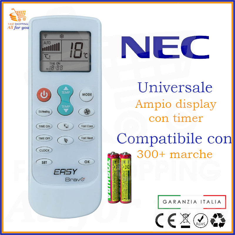 Telecomando Universale Bravo Easy compatibile con Condizionatore NEC, display acceso