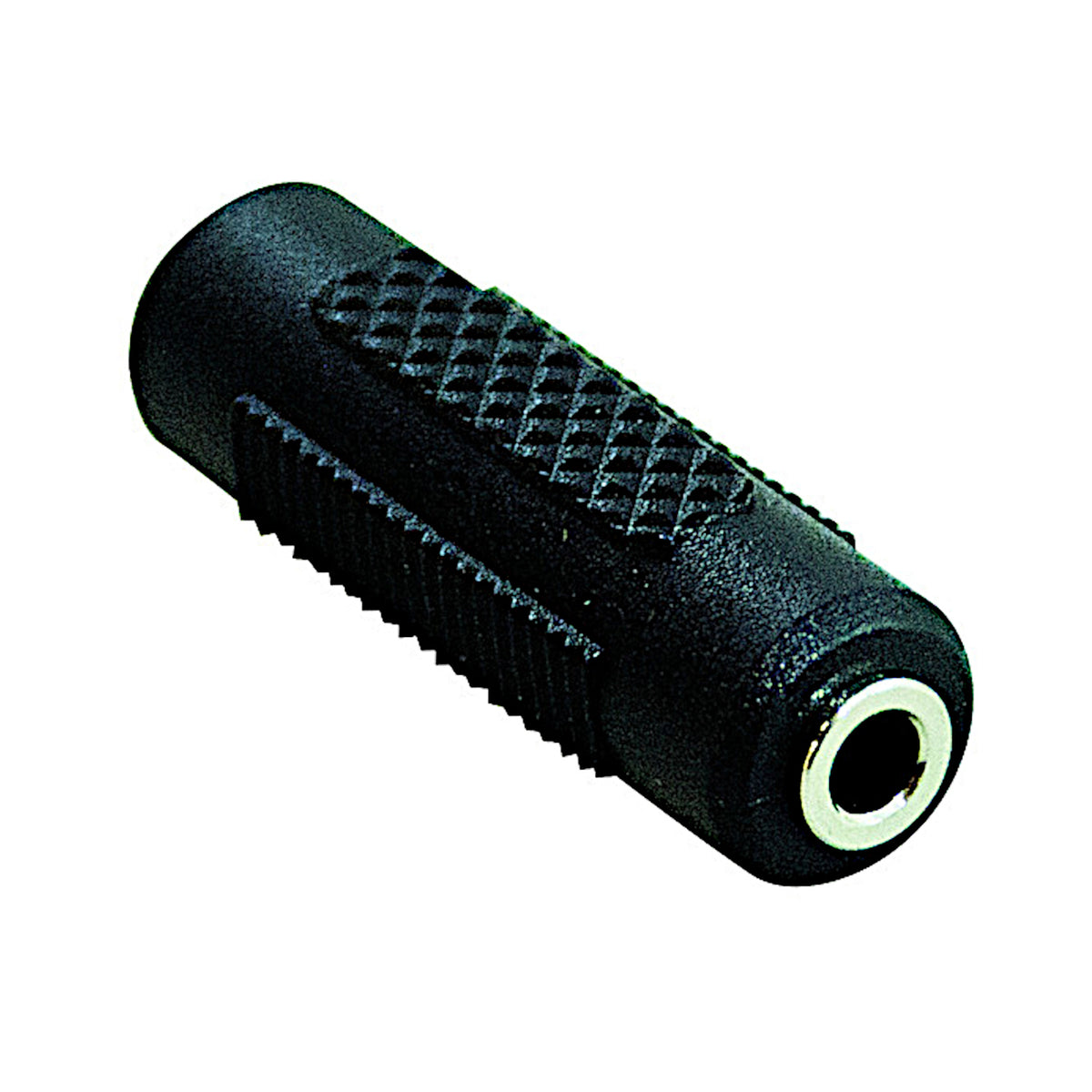 Adattatore accoppiatore Jack 3.5mm stereo femmina-femmina con guscio nero in bachelite MPN 04/37625-00.