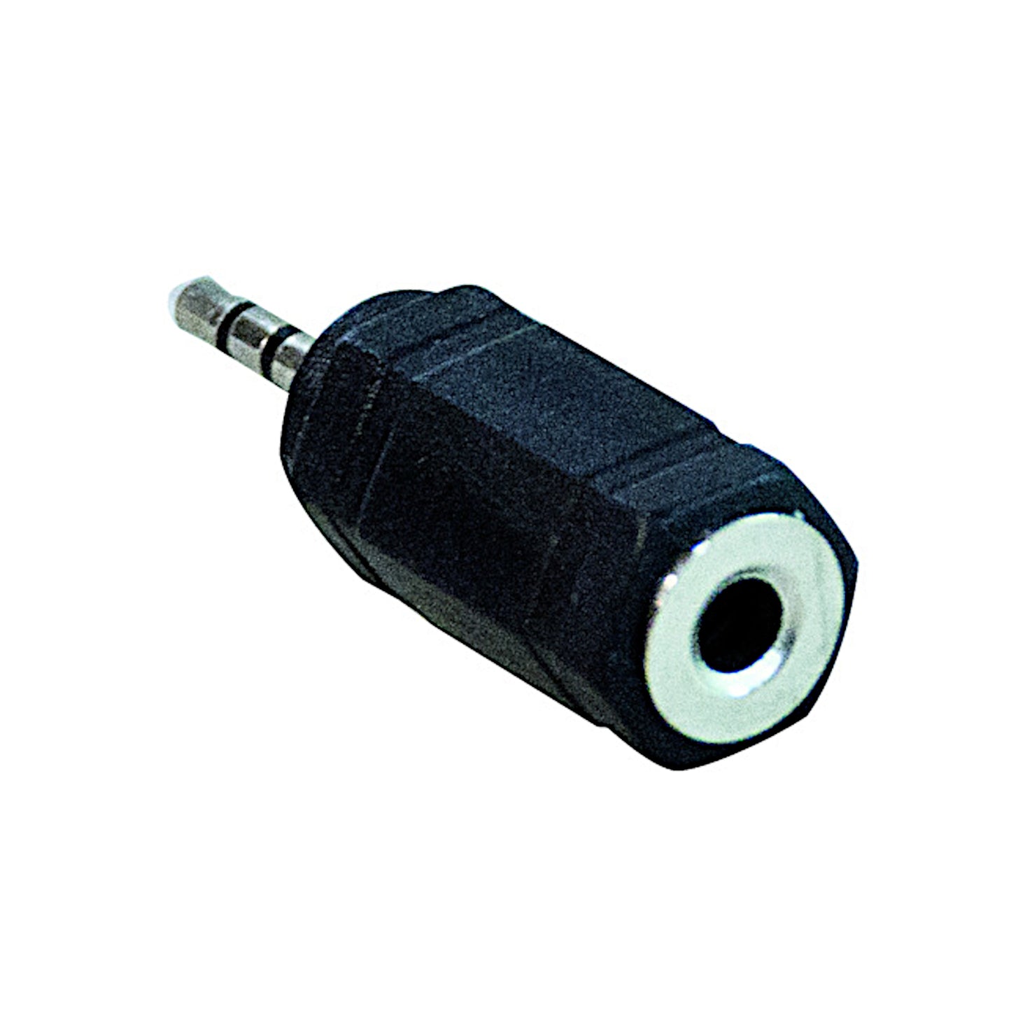 Adattatore audio da spina jack 2.5mm stereo a presa jack 3.5mm stereo con corpo nero sagomato, ideale per collegare cuffie standard a dispositivi con uscita 2.5mm.
