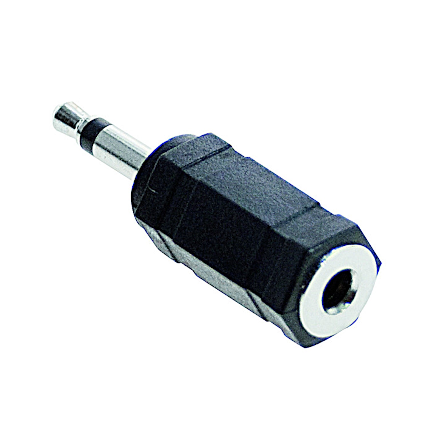 Adattatore audio da spina jack 3.5mm mono a presa jack 3.5mm stereo con corpo nero esagonale, ideale per convertire segnali mono in stereo bilanciato su cuffie e dispositivi ausiliari.