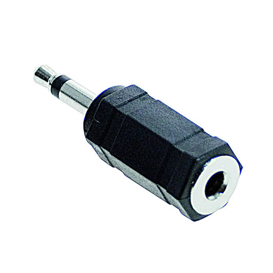 Adattatore audio da spina jack 3.5mm mono a presa jack 3.5mm stereo con corpo nero esagonale, ideale per convertire segnali mono in stereo bilanciato su cuffie e dispositivi ausiliari.