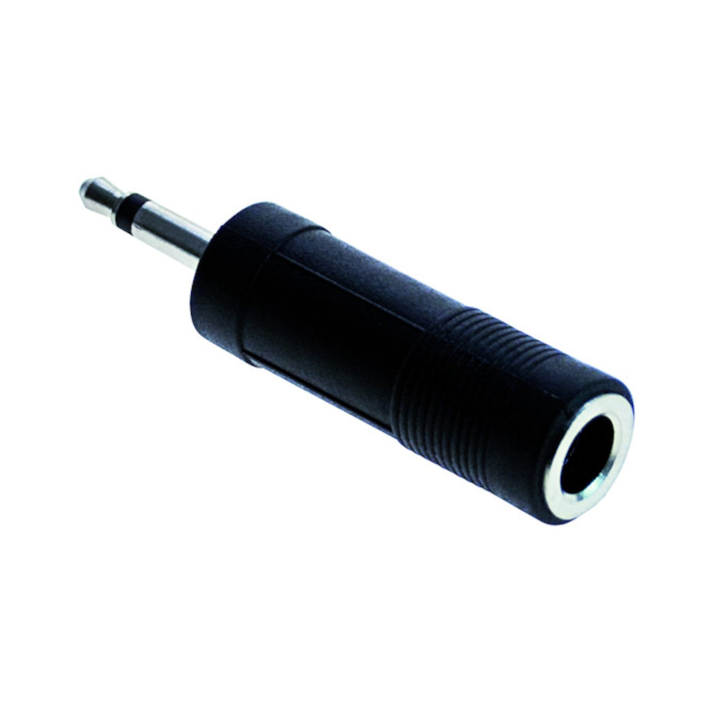 Adattatore audio da spina jack 3.5mm mono a presa jack 6.3mm stereo con corpo cilindrico nero, ideale per collegare microfoni e registratori a mixer e schede audio.