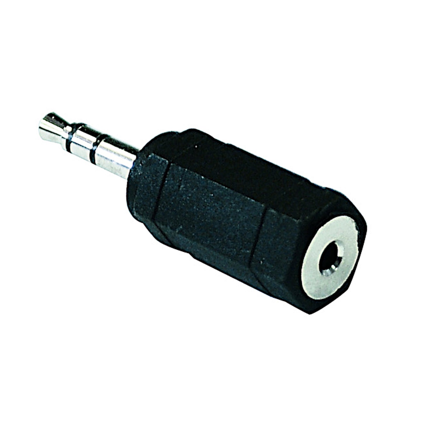 Adattatore audio da spina jack 3.5mm stereo a presa jack 2.5mm stereo con corpo nero sagomato, ideale per collegare cuffie standard a dispositivi con ingresso 2.5mm come cordless e lettori MP3.