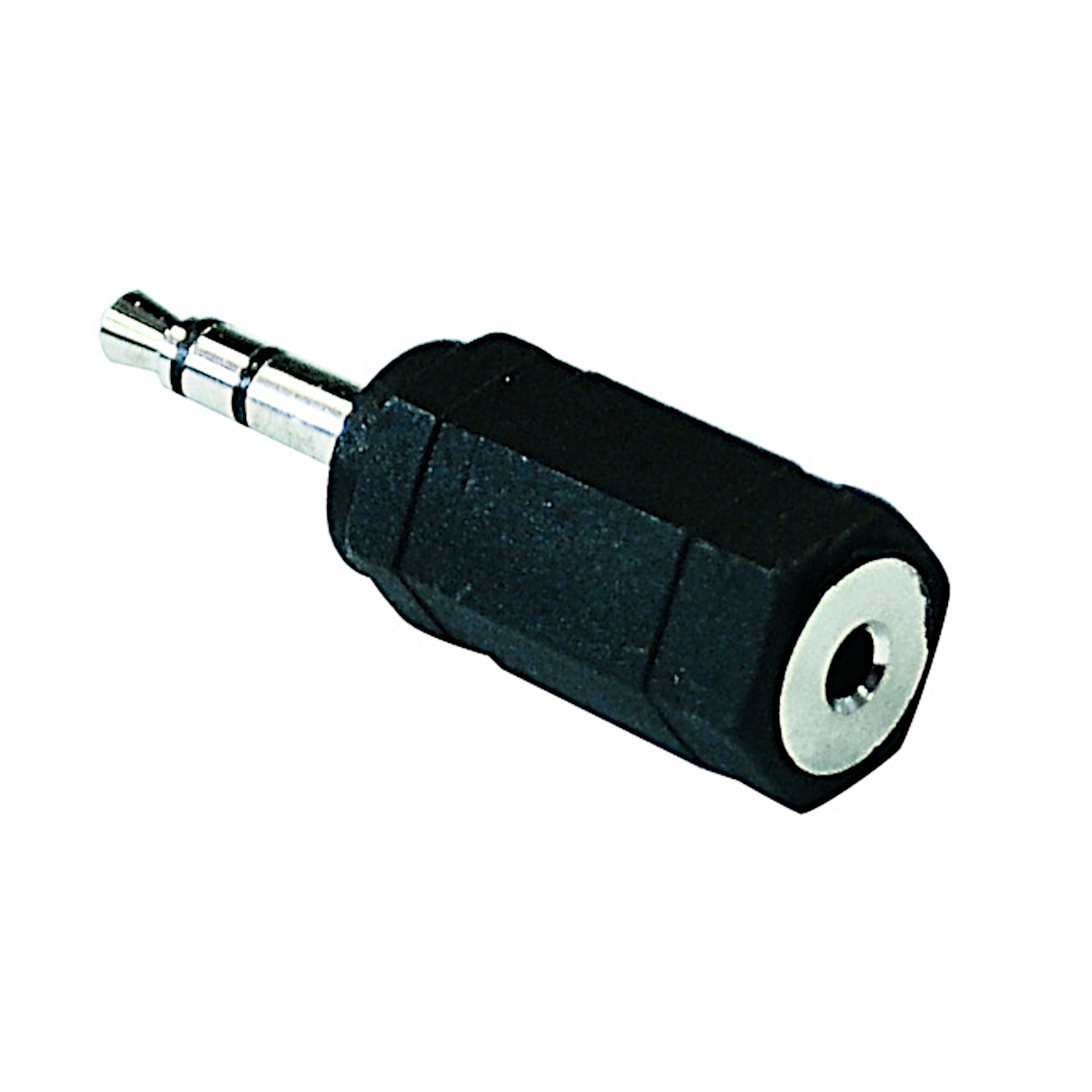 Adattatore audio da spina jack 3.5mm stereo a presa jack 2.5mm stereo con corpo nero sagomato, ideale per collegare cuffie standard a dispositivi con ingresso 2.5mm come cordless e lettori MP3.