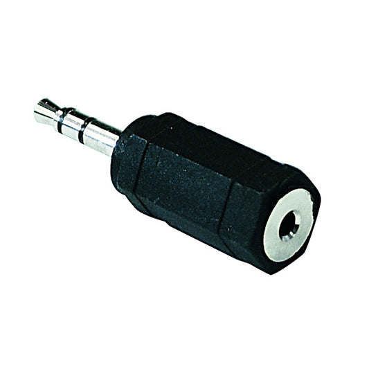 Adattatore audio da spina jack 3.5mm stereo a presa jack 2.5mm stereo con corpo nero sagomato, ideale per collegare cuffie standard a dispositivi con ingresso 2.5mm come cordless e lettori MP3.