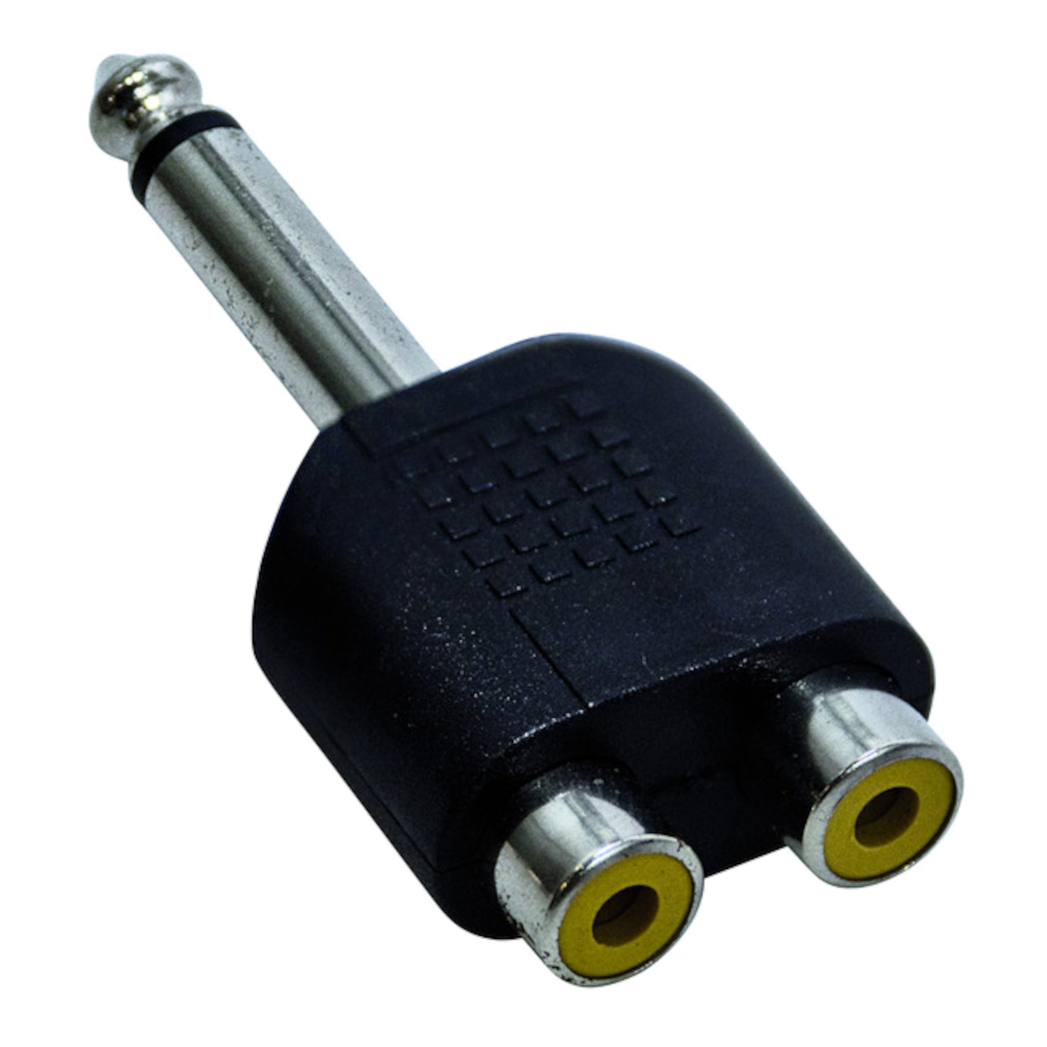 Adattatore audio da spina jack 6.3mm mono a 2 prese RCA femmina con corpo in plastica nera, ideale per collegare strumenti e microfoni a impianti Hi-Fi o mixer.