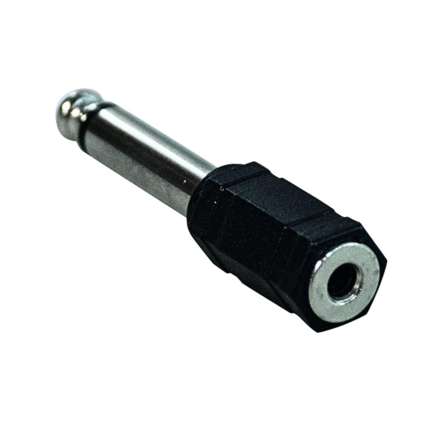Adattatore audio da spina jack 6.3mm mono a presa jack 3.5mm mono con corpo esagonale nero, ideale per collegare strumenti e microfoni a registratori o PC.