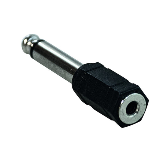 Adattatore audio da spina jack 6.3mm mono a presa jack 3.5mm mono con corpo esagonale nero, ideale per collegare strumenti e microfoni a registratori o PC.