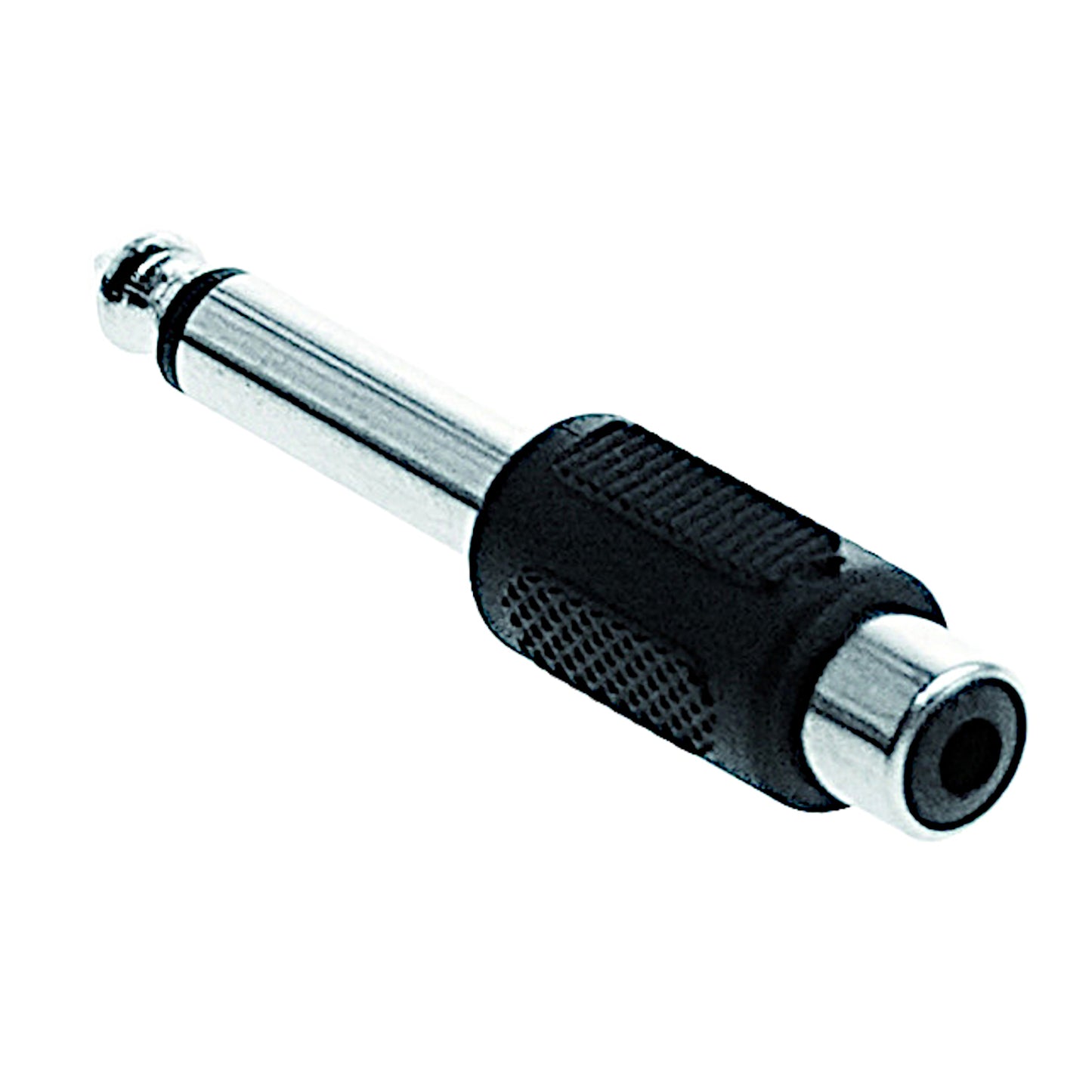 Adattatore audio da spina jack 6.3mm mono a presa RCA femmina con impugnatura nera zigrinata, ideale per collegare strumenti musicali e microfoni a impianti Hi-Fi o mixer.