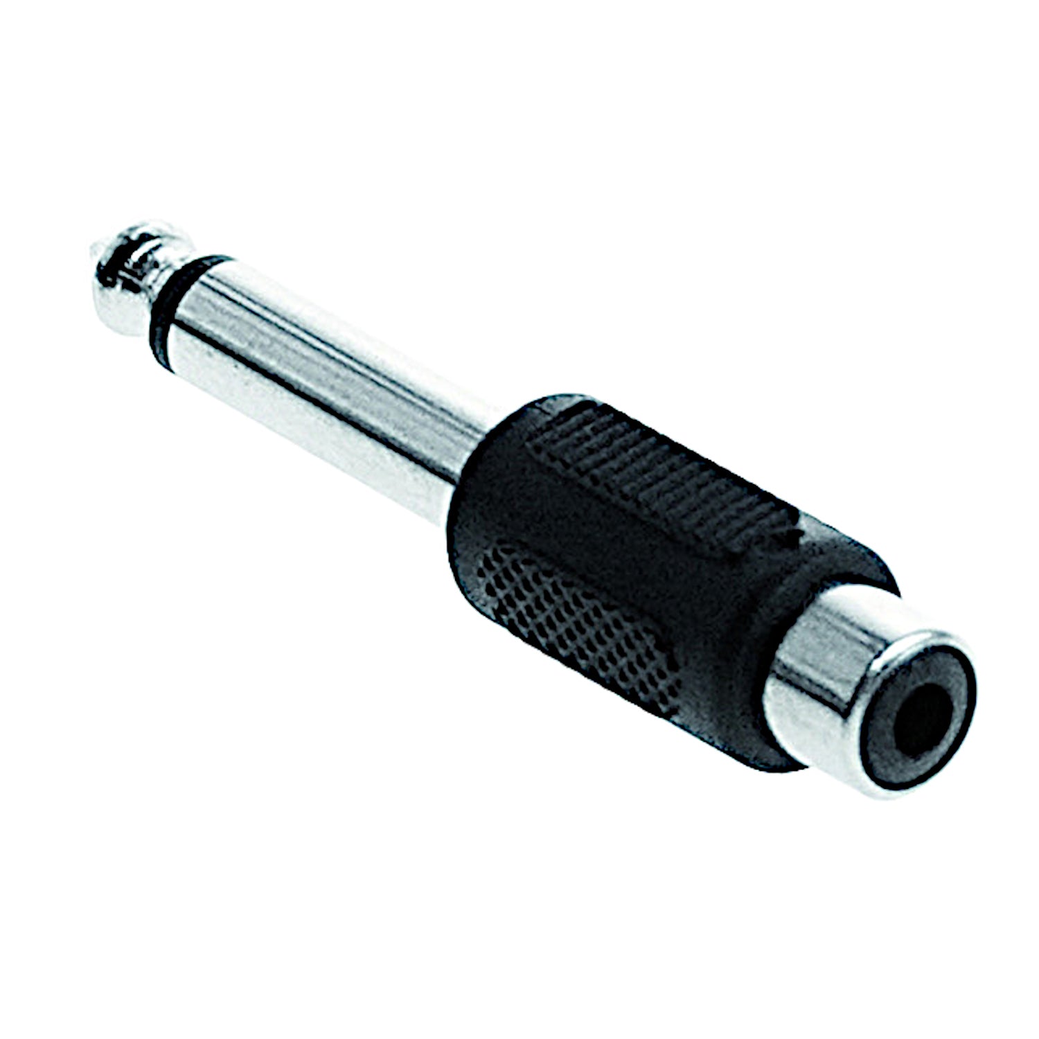 Adattatore audio da spina jack 6.3mm mono a presa RCA femmina con impugnatura nera zigrinata, ideale per collegare strumenti musicali e microfoni a impianti Hi-Fi o mixer.