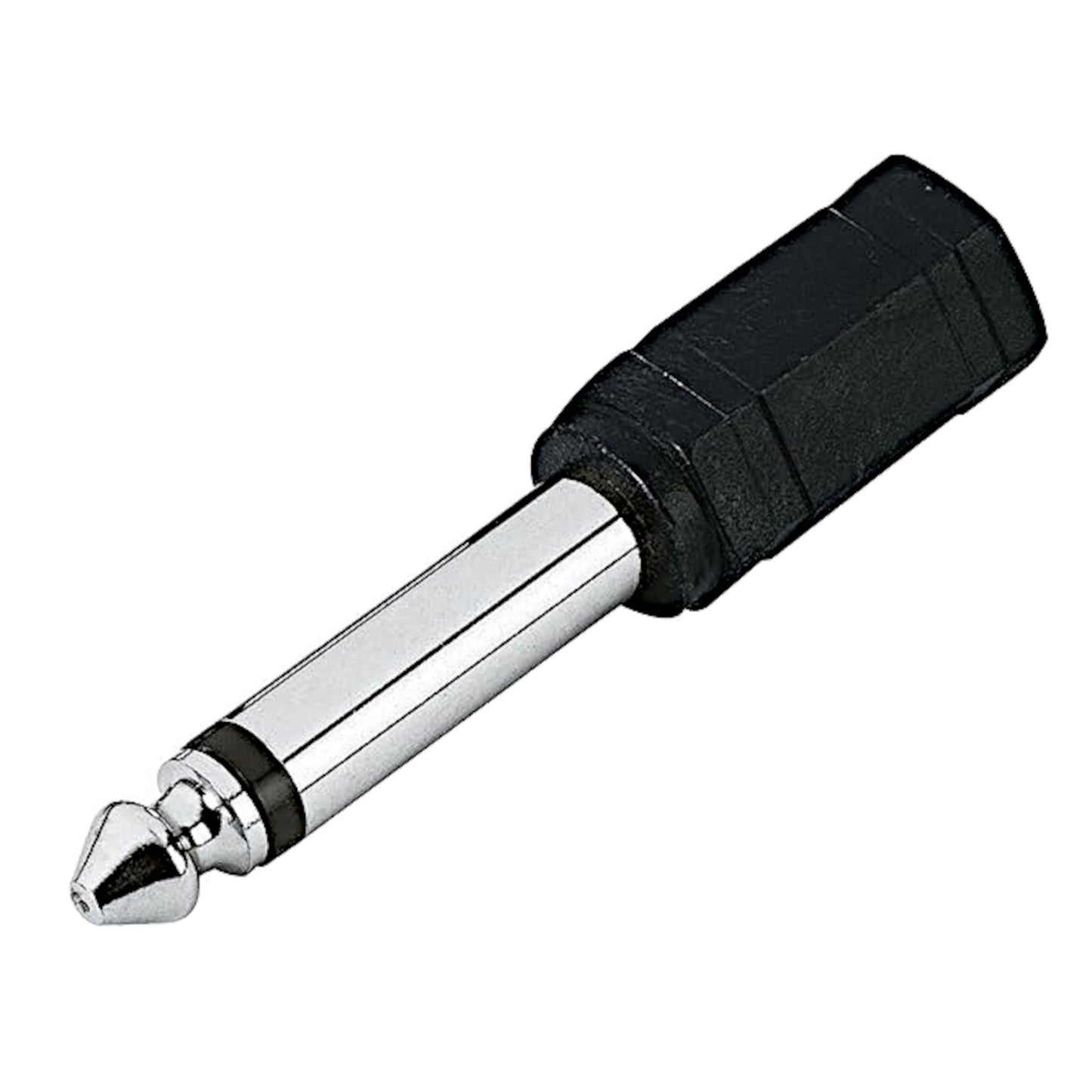 Adattatore audio da spina jack 6.3mm mono a presa jack 3.5mm stereo con corpo nero sagomato, ideale per collegare strumenti musicali e microfoni a cuffie e dispositivi con ingresso stereo.