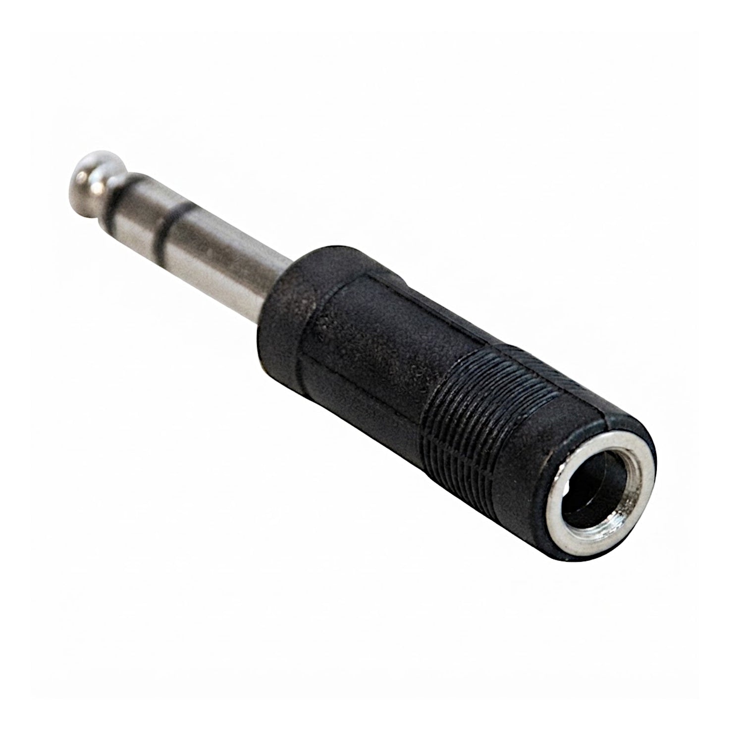 Adattatore audio da spina jack 6.3mm stereo a presa jack 6.3mm mono con corpo nero sagomato, ideale per convertire segnali stereo in mono su mixer e amplificatori.