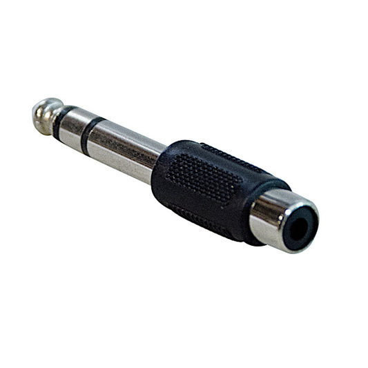 Adattatore audio da spina jack 6.3mm stereo a presa RCA femmina con impugnatura nera zigrinata, ideale per collegare mixer e amplificatori a impianti Hi-Fi o TV.