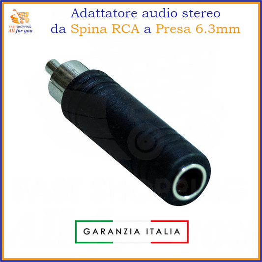 Adattatore audio con spina RCA maschio e presa jack 6.3mm stereo femmina.