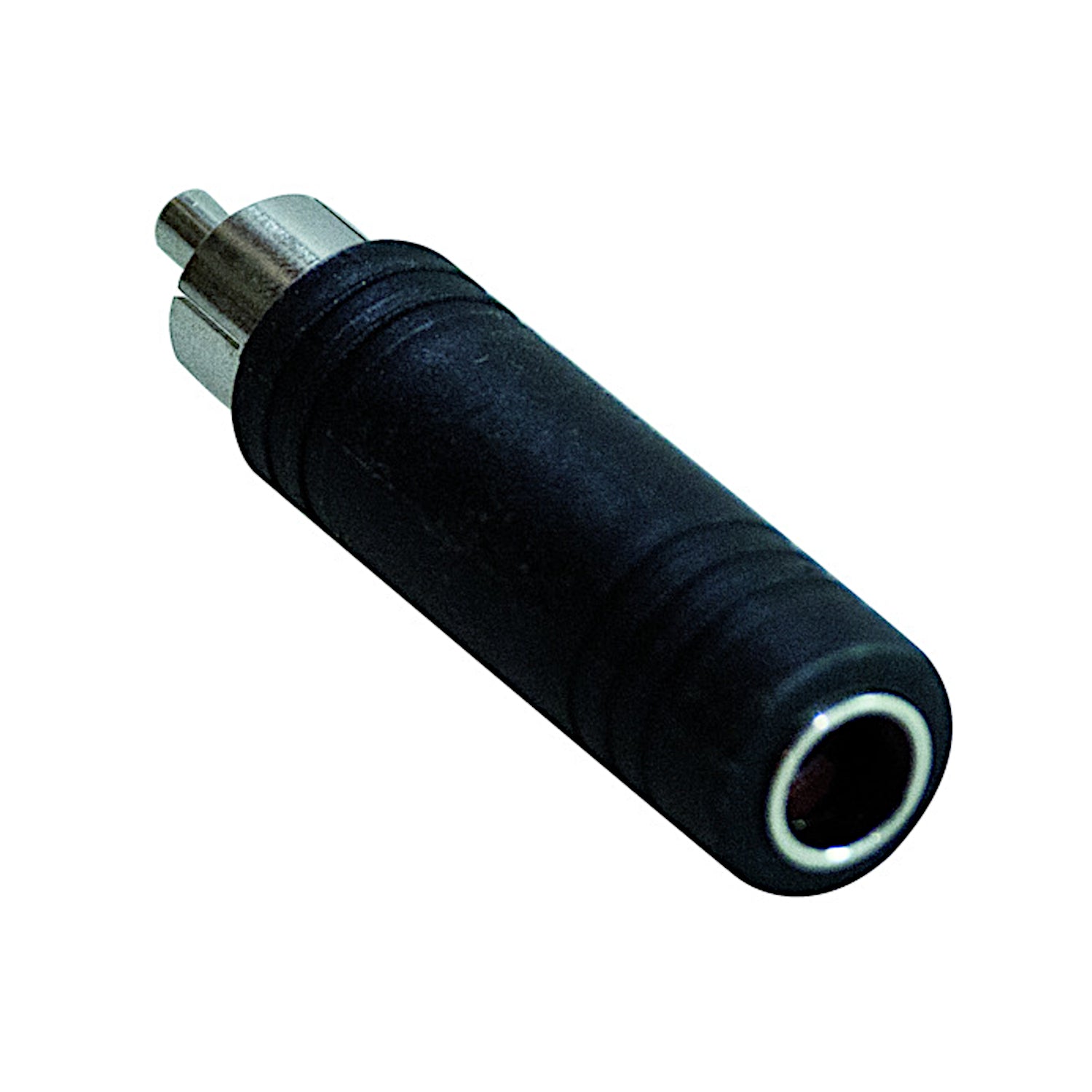 Adattatore audio da spina RCA maschio a presa jack 6.3mm stereo con corpo protettivo nero, ideale per collegare sorgenti RCA a mixer e apparecchiature audio.