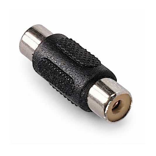 Adattatore audio video presa RCA femmina-femmina con corpo centrale zigrinato nero e terminali metallici, ideale per prolungare e unire cavi RCA maschi.