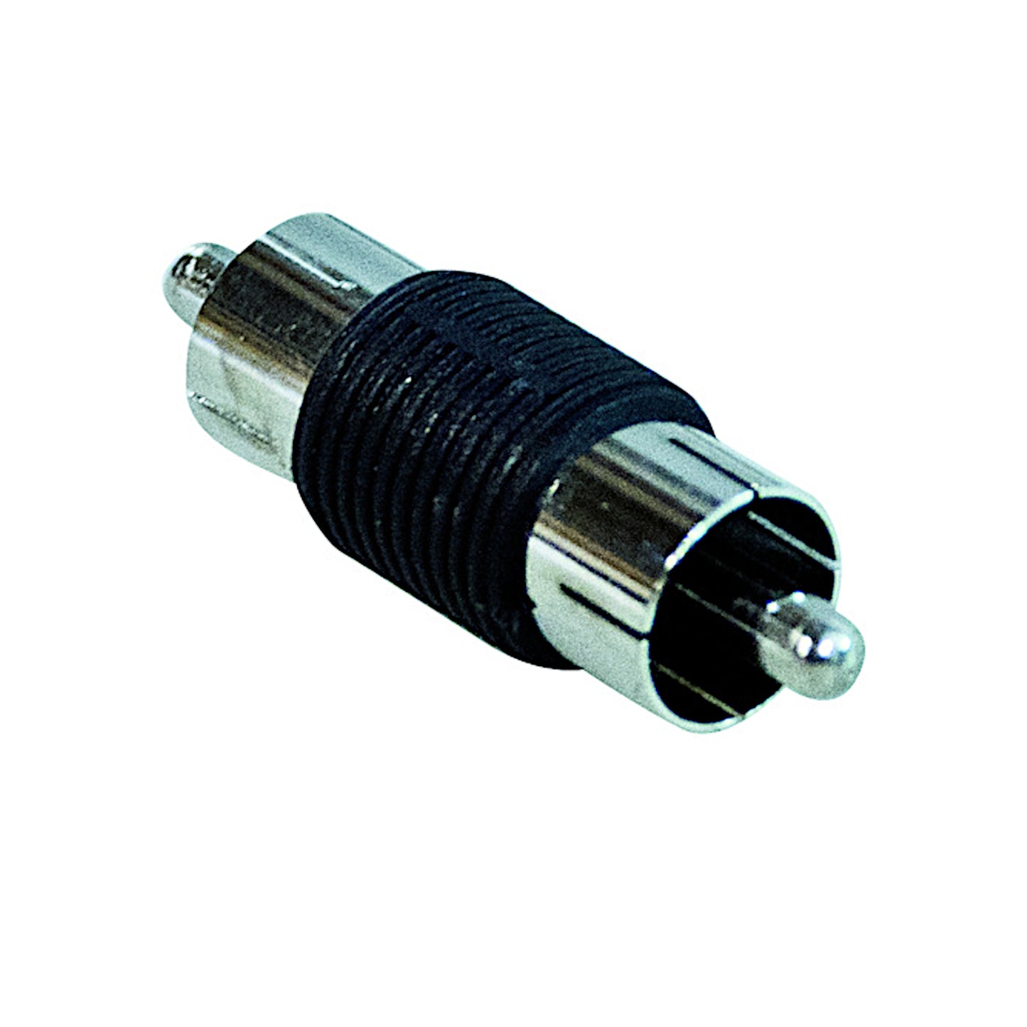 Adattatore audio video spina RCA maschio-maschio con corpo centrale zigrinato nero e terminali metallici, ideale per collegare o prolungare cavi RCA femmina.