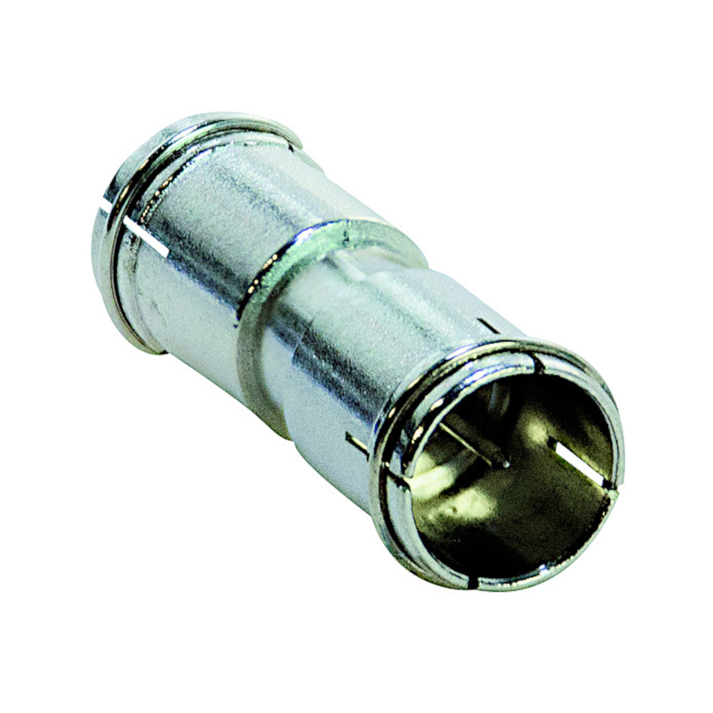 Adattatore coassiale F maschio-maschio a innesto rapido in lega di zinco, ideale per antenne TV, decoder satellitari e impianti digitali terrestri.