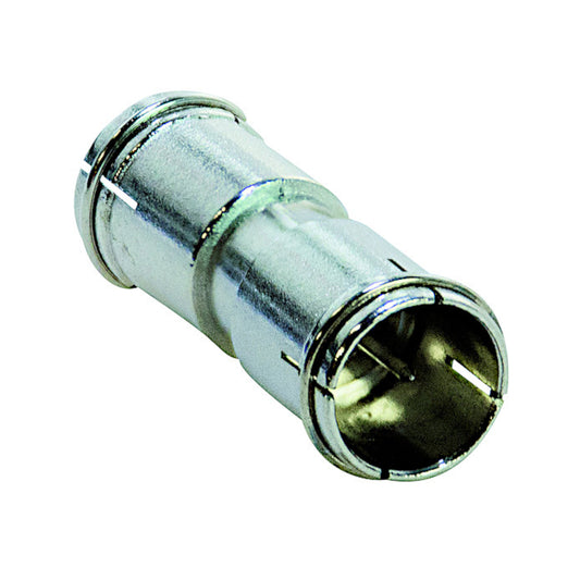 Adattatore coassiale F maschio-maschio a innesto rapido in lega di zinco, ideale per antenne TV, decoder satellitari e impianti digitali terrestri.