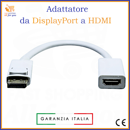 Adattatore da DisplayPort maschio a HDMI femmina di colore bianco, con connettore DisplayPort su un lato e connettore HDMI sull'altro.