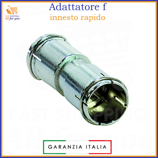 Adattatore coassiale tipo F maschio-maschio ad innesto rapido, in zinco, per antenne TV e decoder.
