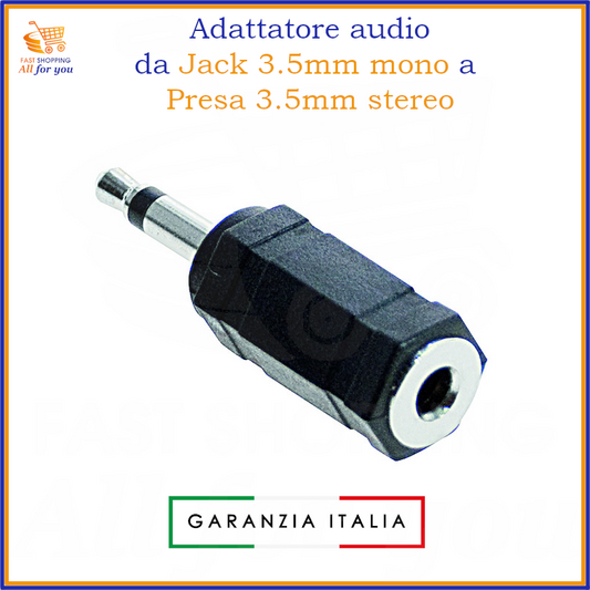 Adattatore audio con spina jack 3.5mm mono maschio e presa jack 3.5mm stereo femmina.