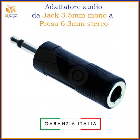 Adattatore audio con spina jack 3.5mm mono maschio e presa jack 6.3mm stereo femmina.