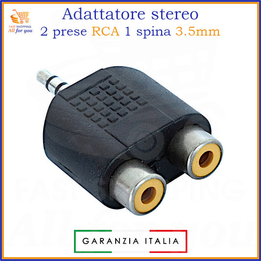 Adattatore audio jack 3.5mm stereo maschio a 2 prese RCA femmina per collegamento a impianti stereo.