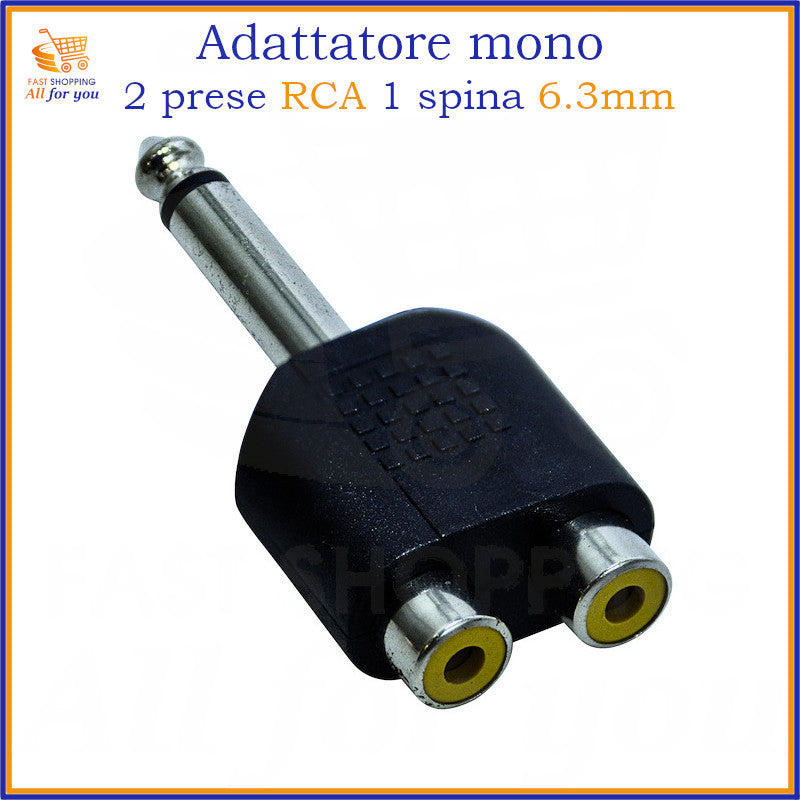 Adattatore audio jack 6.3mm mono maschio a 2 prese RCA femmina per collegamento a impianti stereo e strumenti.
