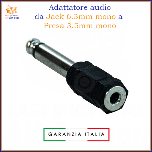 Adattatore audio con spina jack 6.3mm mono maschio e presa jack 3.5mm mono femmina.