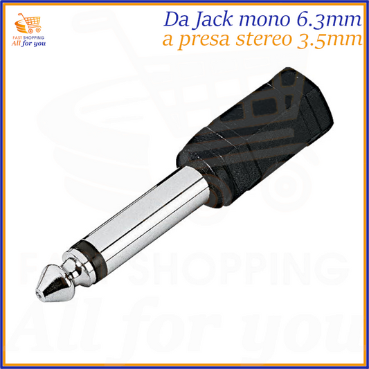 Adattatore audio con spina jack 6.3mm mono e presa jack 3.5mm stereo per strumenti e cuffie.
