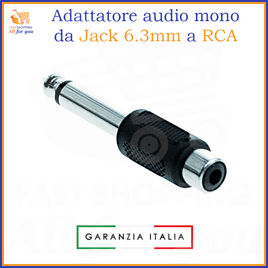 Adattatore audio con spina jack 6.3mm mono maschio e presa RCA femmina.