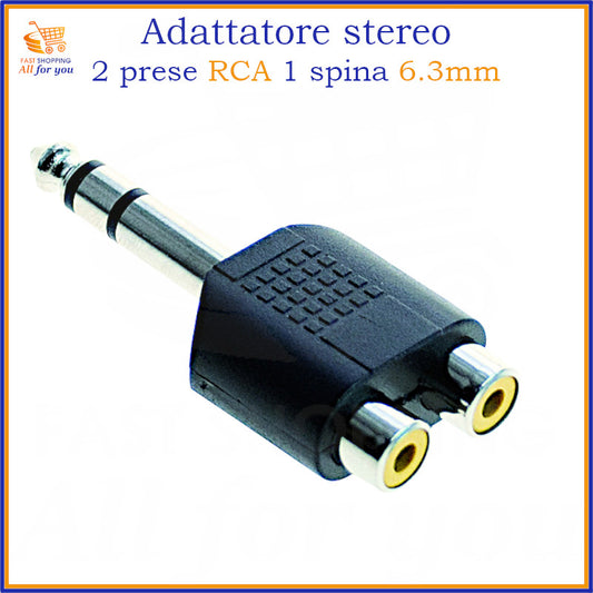 Adattatore audio jack 6.3mm stereo maschio a 2 prese RCA femmina per collegamento a impianti stereo e strumenti.