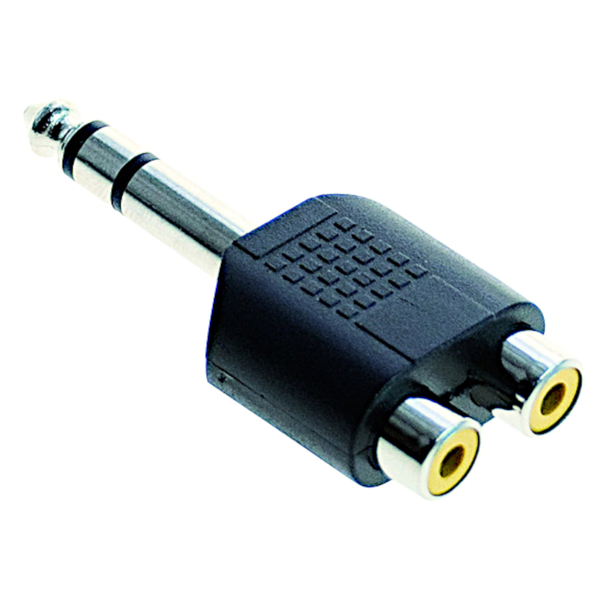 Adattatore audio con spina jack 6.3mm stereo maschio e due prese RCA femmina con corpo nero