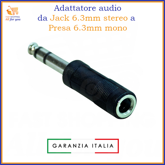 Adattatore audio con spina jack 6.3mm stereo maschio e presa jack 6.3mm mono femmina.