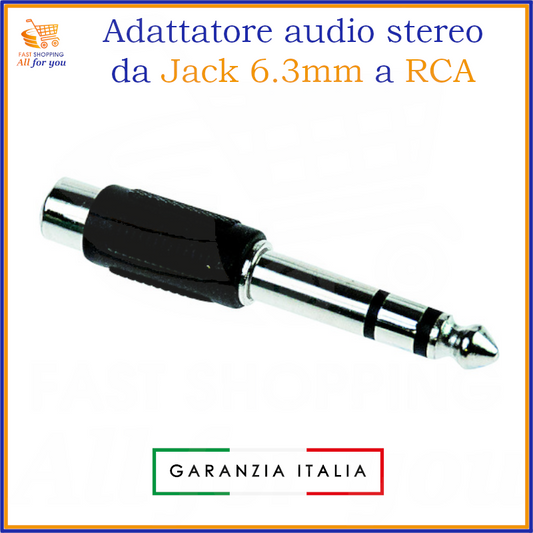 Adattatore audio con spina jack 6.3mm stereo maschio e presa RCA femmina.