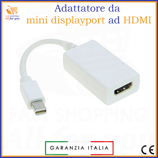 Adattatore Mini DisplayPort maschio a HDMI femmina di colore bianco, con illustrazioni di MacBook e monitor collegati.
