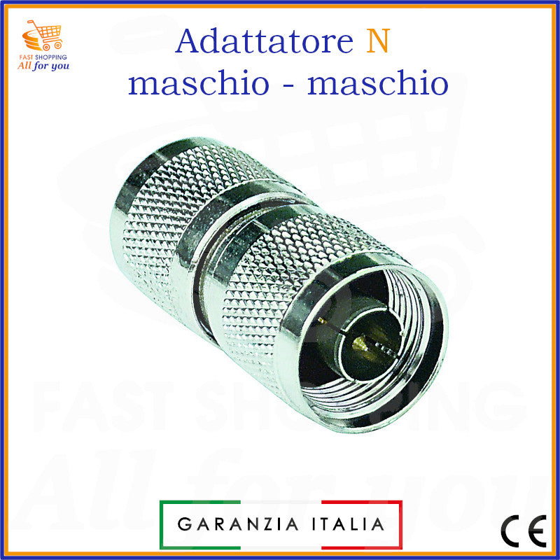 Adattatore coassiale N maschio-maschio in ottone nichelato per collegamenti RF e antenne.