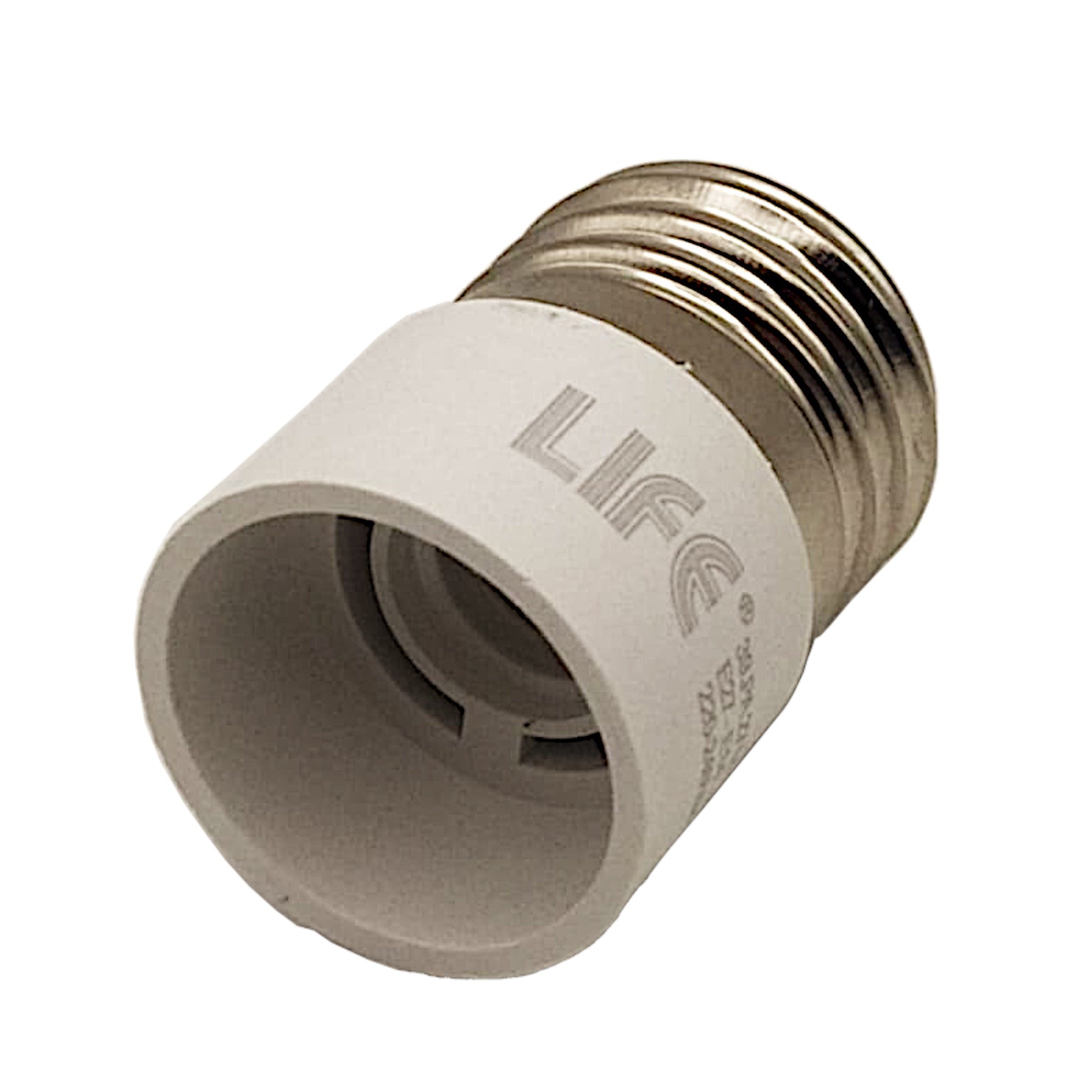 Adattatore portalampada da E27 a E14 in plastica bianca, ideale per utilizzare lampadine con attacco piccolo in portalampada grandi.