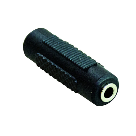 Adattatore prolunga jack audio mono 3.5mm femmina-femmina con corpo zigrinato nero, ideale per unire e prolungare cavi audio mono.