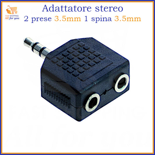 Adattatore sdoppiatore audio jack 3.5mm stereo con una spina maschio e due prese femmina.