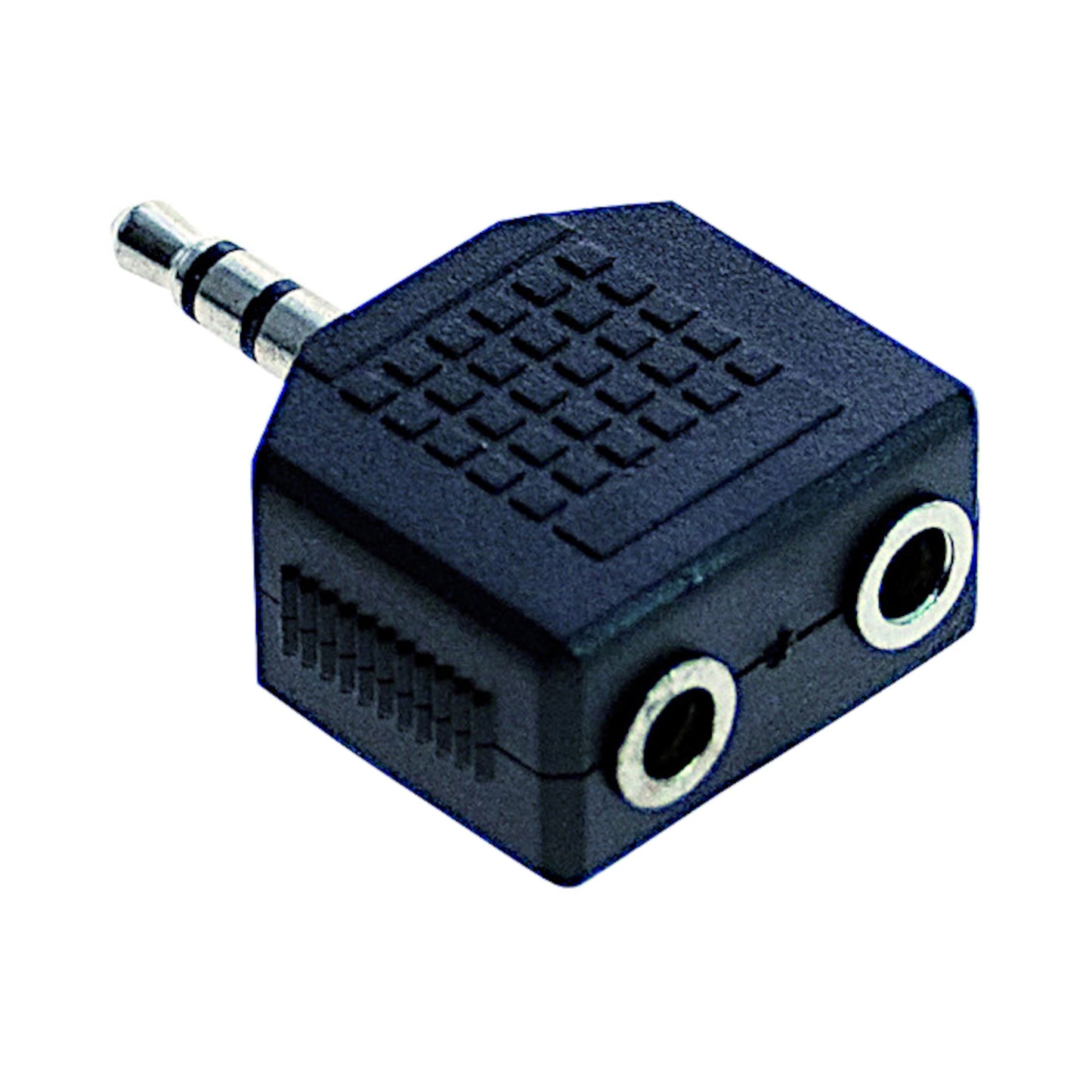 Adattatore sdoppiatore audio da spina jack 3.5mm stereo a 2 prese jack 3.5mm stereo con corpo nero squadrato, ideale per condividere musica o film con due paia di cuffie.