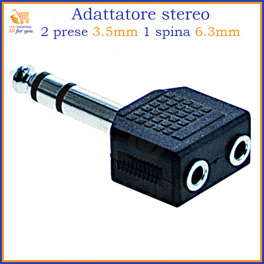 Adattatore sdoppiatore audio con spina jack 6.3mm stereo maschio e due prese jack 3.5mm stereo femmina.