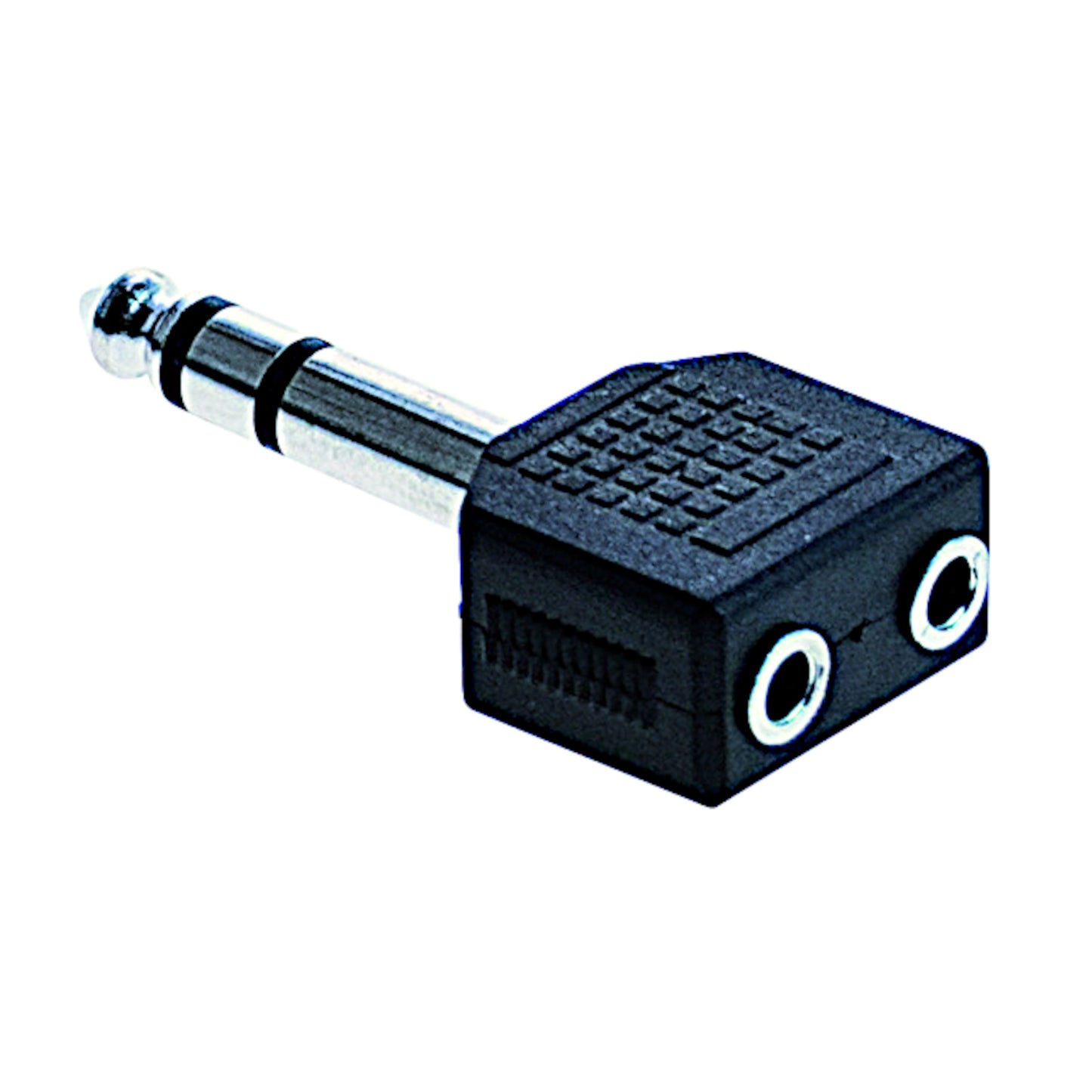 Adattatore sdoppiatore audio da spina jack 6.3mm stereo a 2 prese jack 3.5mm stereo con corpo nero squadrato, ideale per collegare due paia di cuffie a mixer o amplificatori.