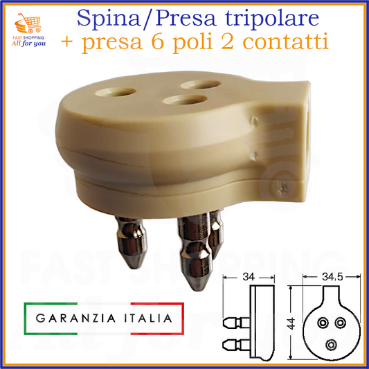 Adattatore telefonico triplo con spina tripolare e due prese RJ11 (6P2C), vista frontale con dimensioni.