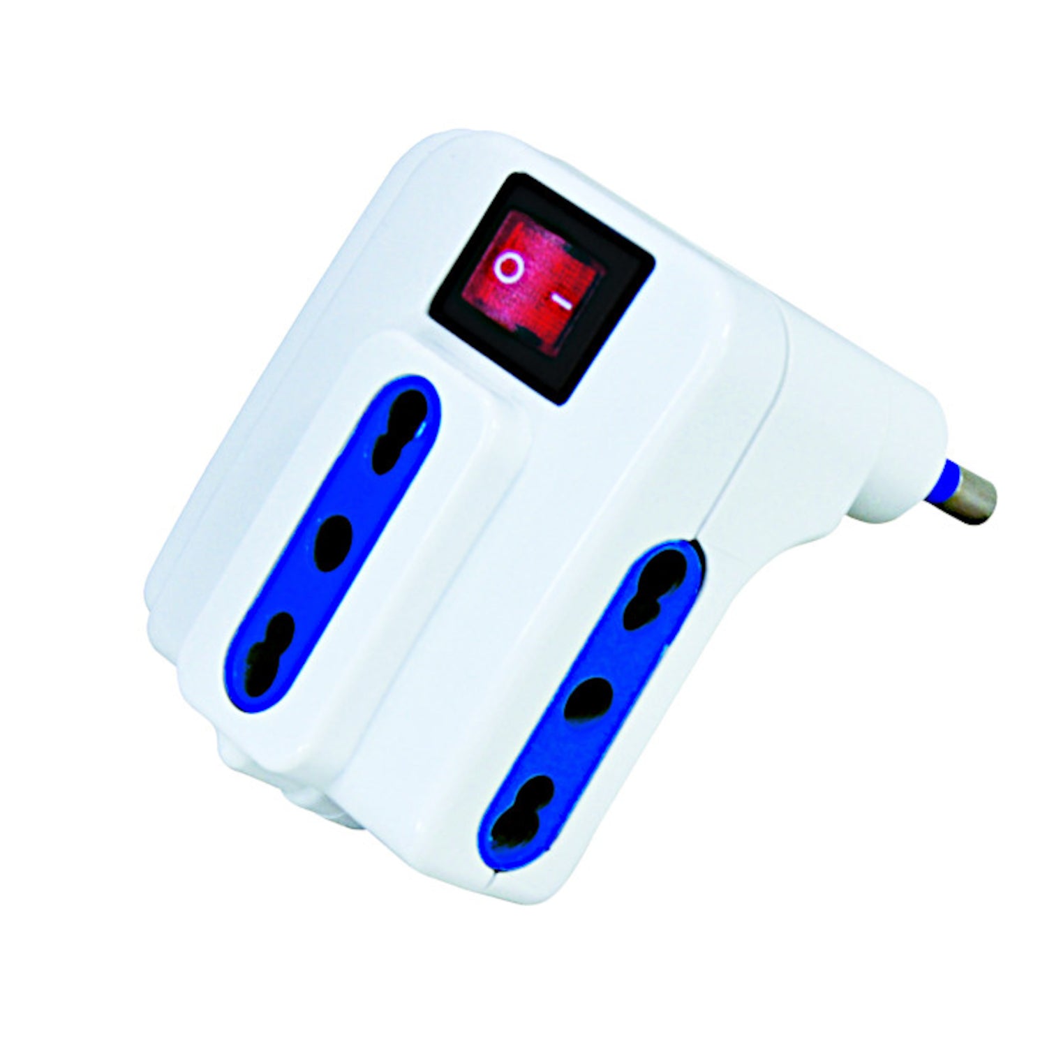 Adattatore tripla salvaspazio bianca 16A con interruttore e 3 prese bipasso compatibili con spine da 10A e 16A, realizzata in tecnopolimero autoestinguente.