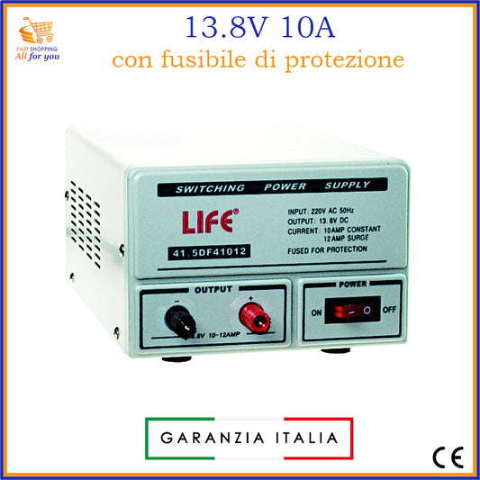 Alimentatore switching Life 13.8V 10A con fusibile di protezione, ideale per dispositivi elettronici e impianti a bassa tensione