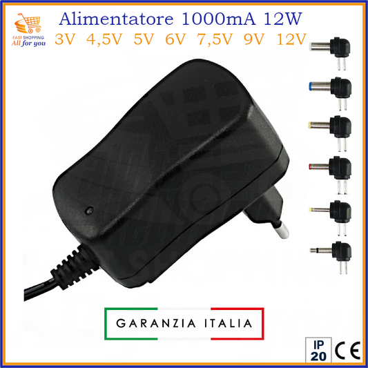 Alimentatore multitensione 1000mA 12W da 3V a 12V con connettori intercambiabili – Garanzia Italia