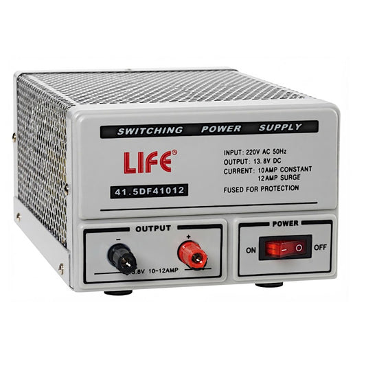 Alimentatore switching da banco professionale stabilizzato 13,8V 10A-12A con conformità ErP, interruttore ON-OFF e morsetti di uscita frontali.
