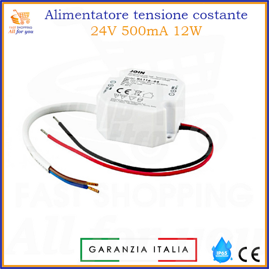 Alimentatore a tensione costante 24V 500mA 12W IP65 per luci LED con garanzia italiana, impermeabile e certificato CE.